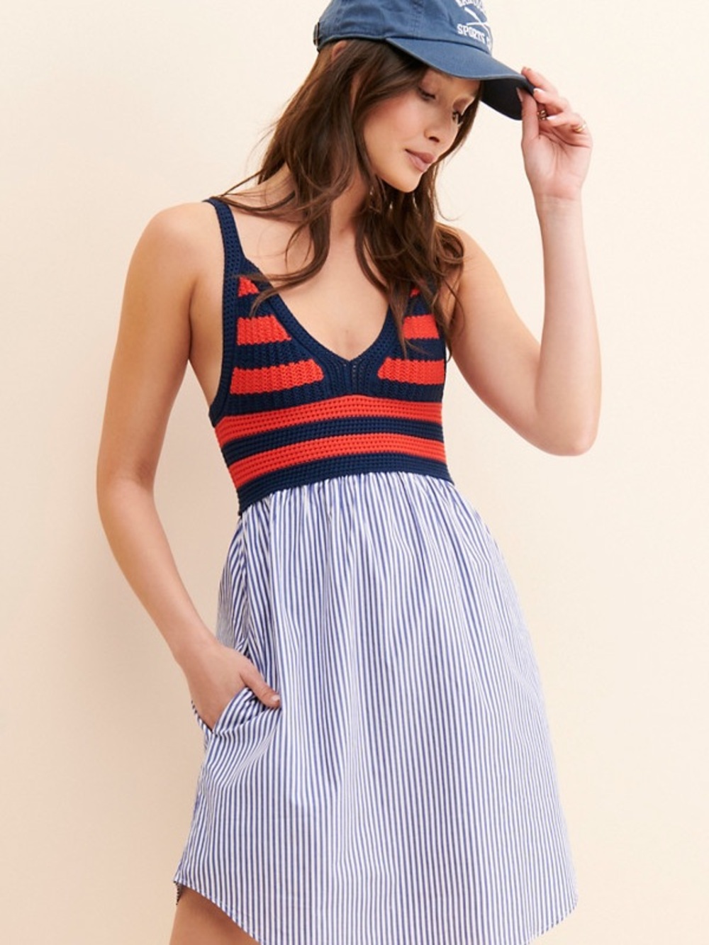 KULE Esmee Crochet Blue & Red Knit Stripe Dress